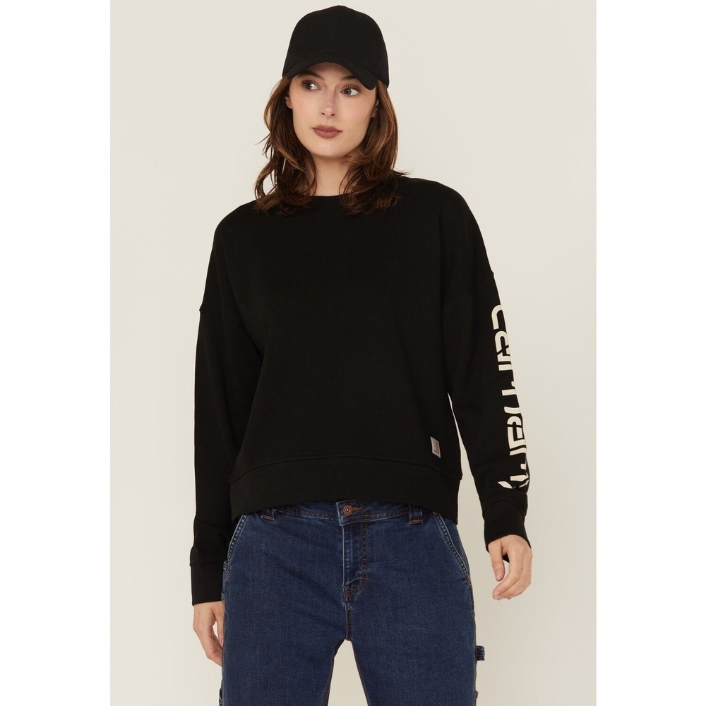 Carhartt Womens Black Loose Fit Crewneck Sweatshirt‎ Logo Sleeve L